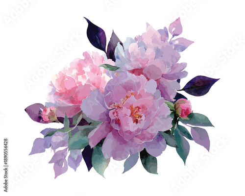 Watercolor purple and lilac peony bouquet with dark botanical foliage