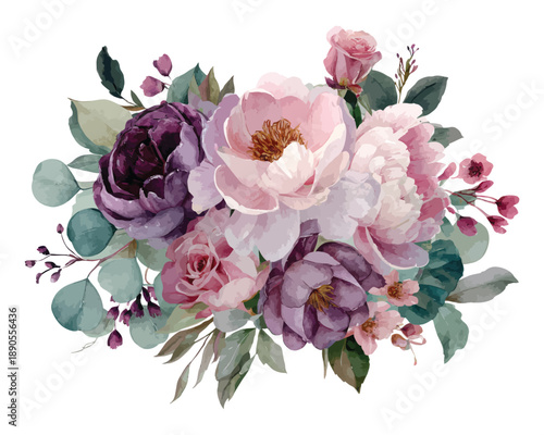 Watercolor mixed pink and purple peony bouquet with delicate greenery