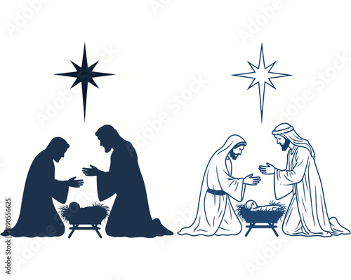 Christmas nativity scene vector with holy family silhouette of people and family celebrating love and togetherness