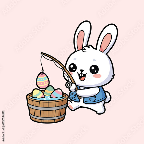 Cute Easter Bunny Fishing Eggs from Bucket Kawaii Cartoon Vector
