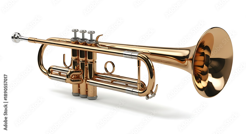 Obraz premium A studio photograph of a full-size brass trumpet, isolated on a pure white seamless background.