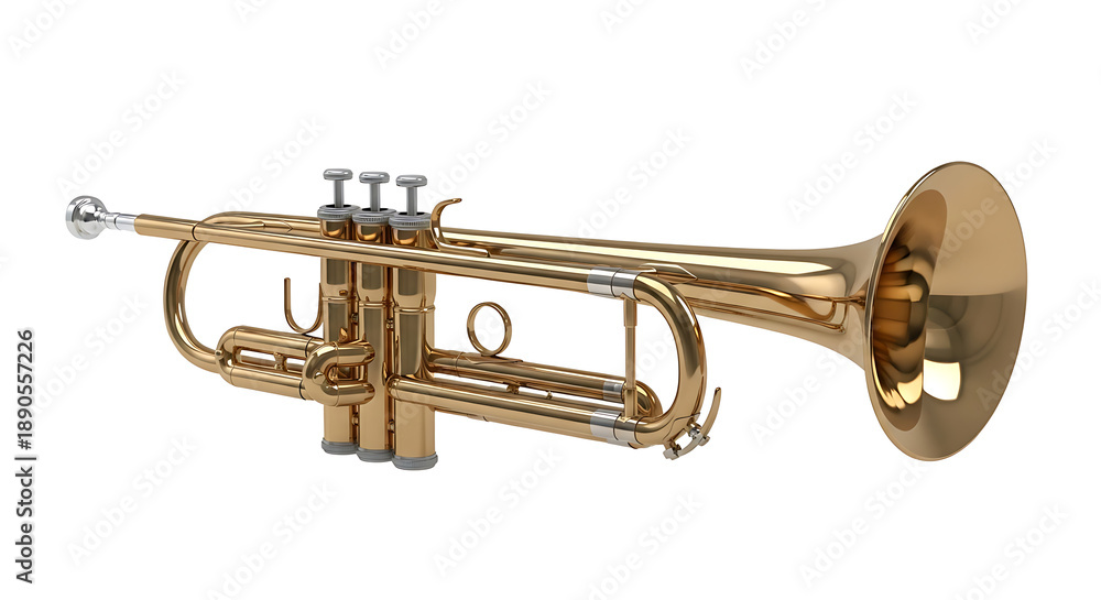 Obraz premium A studio photograph of a full-size brass trumpet, isolated on a pure white seamless background.