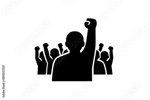 Silhouette of a crowd raising fists during a political protest or demonstration