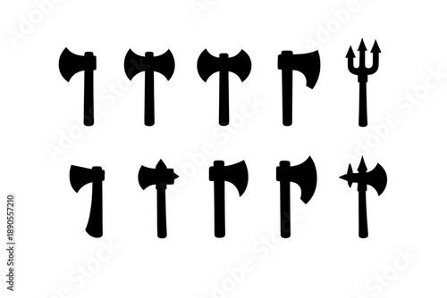 Black silhouettes of ancient medieval and fantasy axes including hatchets and a trident