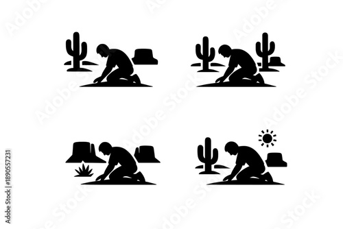 Black and white silhouette of a person kneeling and searching in an arid desert landscape environment