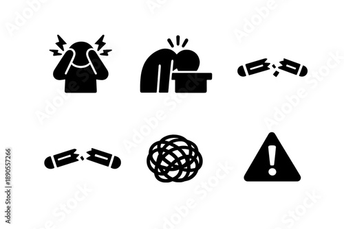 Black symbols representing mental health issues, stress, failure, and warning signs