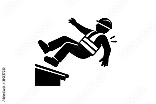Black and white safety sign depicting construction worker falling from height