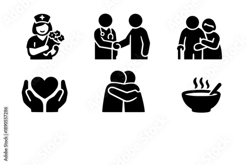 Essential glyph icons for healthcare, elderly assistance, compassion, and nourishment