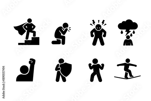 Set of pictograms representing human emotions, actions, power, vulnerability, and psychological concepts