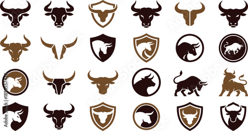 Collection of bull and shield icons in various styles displayed together in a grid