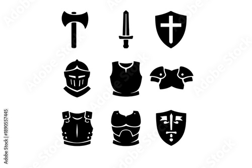 Medieval knight armor, weapons, and protective gear including helmet, sword, axe, and shields