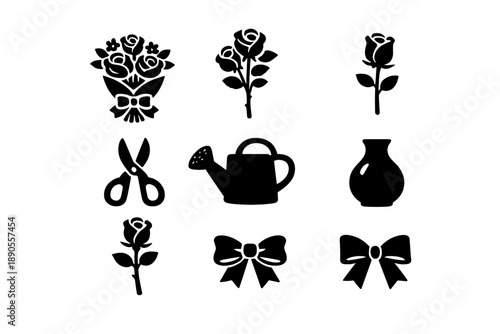 Black silhouette icons set of roses, floral elements, gardening tools, and decorative bows