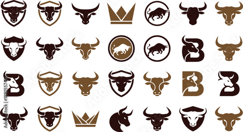Collection of bull head logos and emblems in various styles and designs