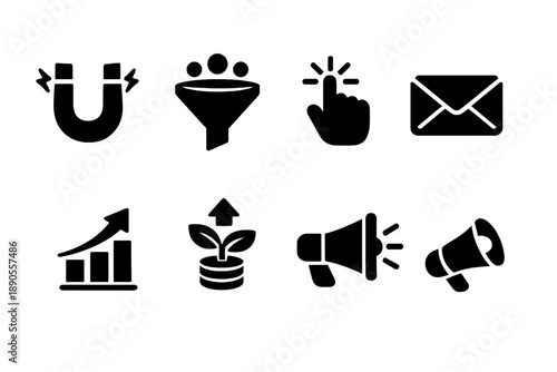 Essential marketing and business icons showing lead generation, sales funnel, and growth metrics