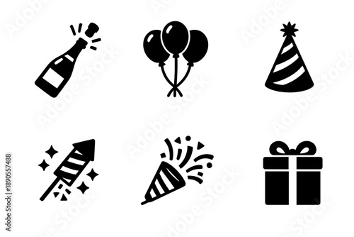 Celebration and party elements including champagne, balloons, gift, and confetti popper