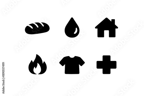 Six essential basic needs symbols: food, water, shelter, clothing, fire, and medical assistance