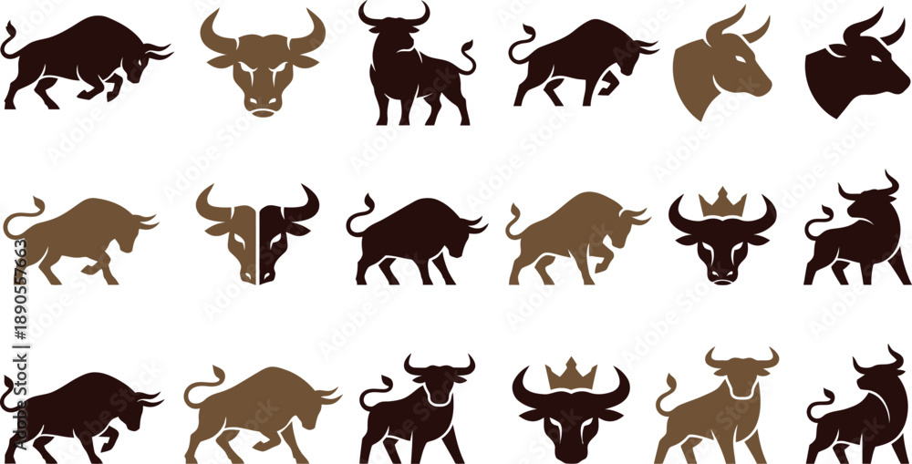 Obraz premium Collection of various bull silhouettes in different poses and colors, vector graphics, animal designs, multiple views, illustration style