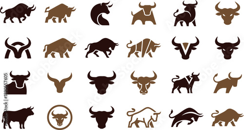 Collection of various bull icons and symbols in different shades and styles, animal designs in vector format, new1.eps reference