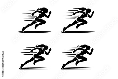 Dynamic female sprinter silhouette set showing speed and athletic movement