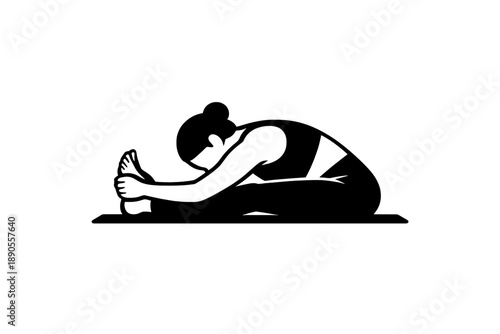 Woman practicing seated forward bend yoga pose on a mat in minimalist graphic style