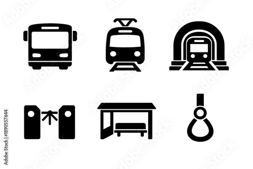 Public transportation and transit system symbols featuring bus, tram, subway, and station infrastructure