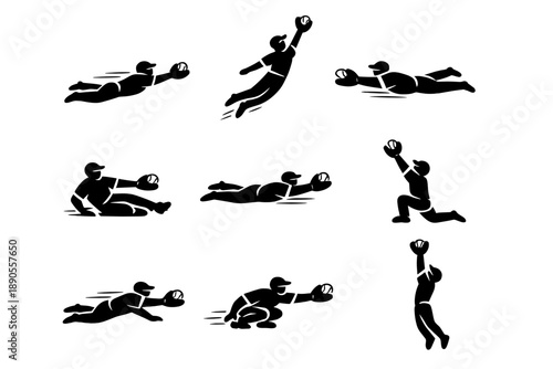 Set of dynamic baseball players catching the ball in mid-air and diving during intense fielding action