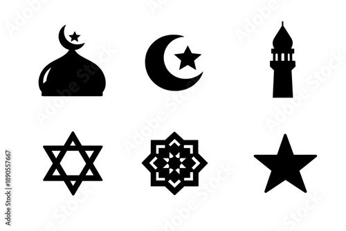 Set of religious symbols including Islamic icons like crescent moon, dome, minaret, and the Star of David