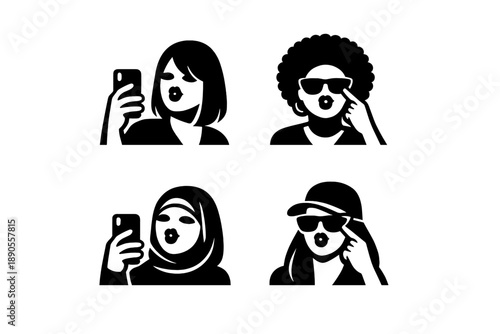 Four diverse female portraits posing with smartphones, including women wearing hijab and afro