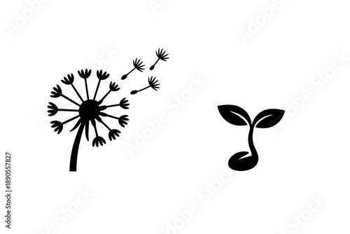 Minimalist black silhouette of a dandelion puff dispersing seeds next to a young plant sprout