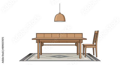 A simple and elegant wooden dining table with a single chair and patterned rug under a modern pendant lamp.