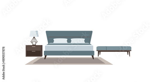 A modern bedroom interior featuring a large bed, a stylish nightstand with a lamp, a matching ottoman, and a soft rug.
