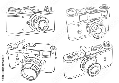 Set sketches of vintage film photo cameras.
