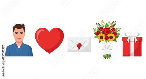 This graphic shows a smiling man, a red heart, an envelope, a bouquet of flowers, and a festive gift box.