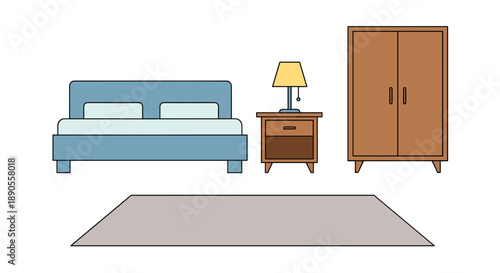 An organized bedroom furniture set featuring a comfortable blue bed, a practical nightstand with a lamp, a spacious wooden wardrobe, and a rug.