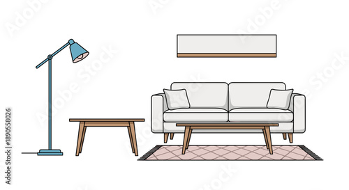 A contemporary living room interior featuring a stylish white sofa, a modern coffee table, a tall floor lamp, and a wall-mounted shelf.