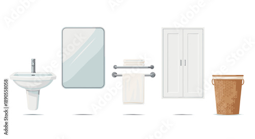 A collection of modern bathroom essentials, including a sink, mirror, towel rack, cabinet, and a hamper, isolated on white.