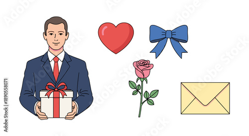 A cheerful cartoon illustration features a man holding a gift box, accompanied by symbols of love and romance, isolated on white.