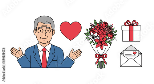 A friendly cartoon of an older man with open hands, surrounded by symbols of love and gifts, presented on white.