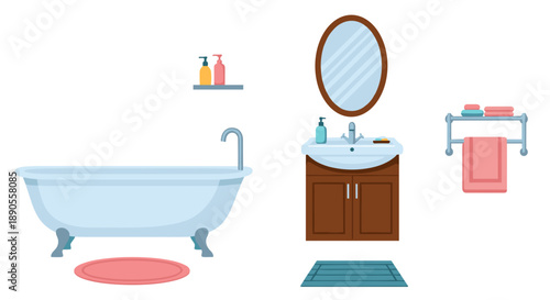 A collection of essential bathroom furniture and fixtures, including a bathtub, vanity, mirror, sink, and towel rack, on a white background.