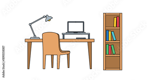 A modern home office setup displays a wooden desk, chair, desk lamp, laptop on stand, and a tall bookshelf, isolated on white.