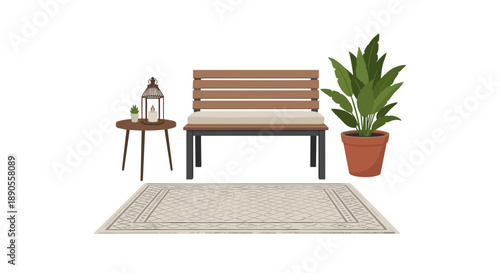 A charming outdoor setup, including a side table, a lantern, a wooden bench, a potted plant, and a decorative rug, isolated on white.