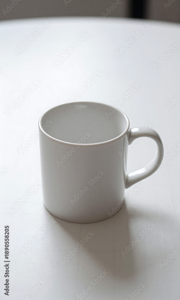 Fototapeta premium plain white coffee mug sits centered crisp table surface soft indirect natural light casting subtle glow across