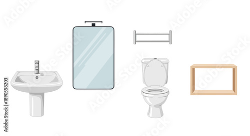 A minimalist collection of essential bathroom fixtures and accessories, highlighting modern design elements for a functional and clean space.