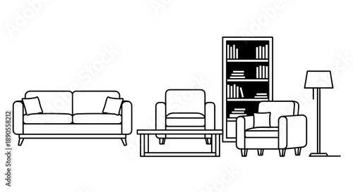 A comprehensive collection of modern living room furniture depicted in clean outline illustrations, showcasing essential pieces for a comfortable lounge.
