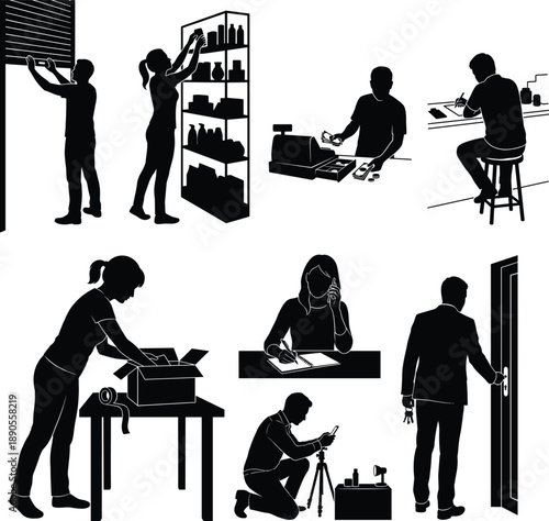 Small Business Owners Performing Daily Retail Management And Operational Tasks Vector Silhouette Set