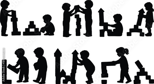 Children silhouette, playing with blocks, early learning, creative activity, teamwork, motor skills, educational illustration, black figures, preschool play, vector art