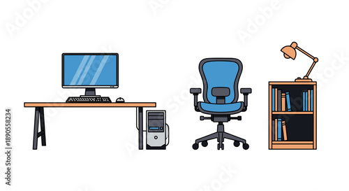 A vibrant and modern home office or study setup featuring essential digital work tools and practical storage solutions.