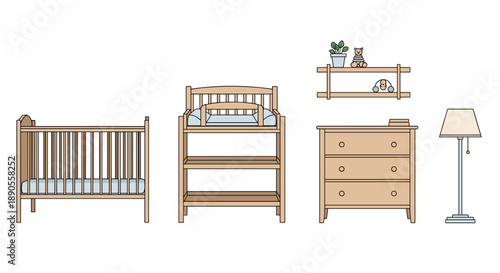 A charming baby nursery room furniture set features a wooden crib, a changing table, a dresser, a wall-mounted shelf, and a floor lamp.
