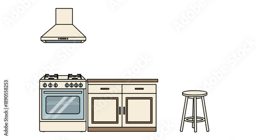 A compact modern kitchen setup features a range hood, a freestanding gas stove, two base cabinets, and a tall wooden bar stool.