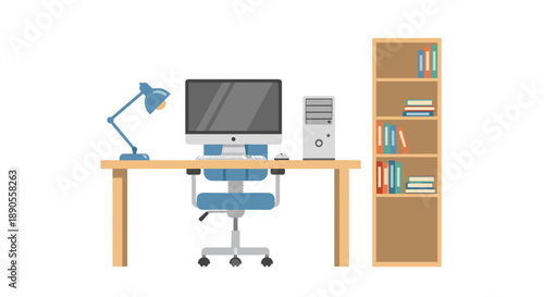 A complete modern home office setup features a wooden desk, a desktop computer, an ergonomic chair, a desk lamp, and a bookshelf with books.